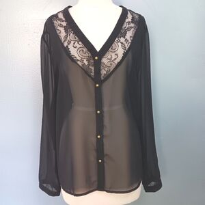 Sheer button-up blouse with lace & gold buttons. 1X. Roman Fashion